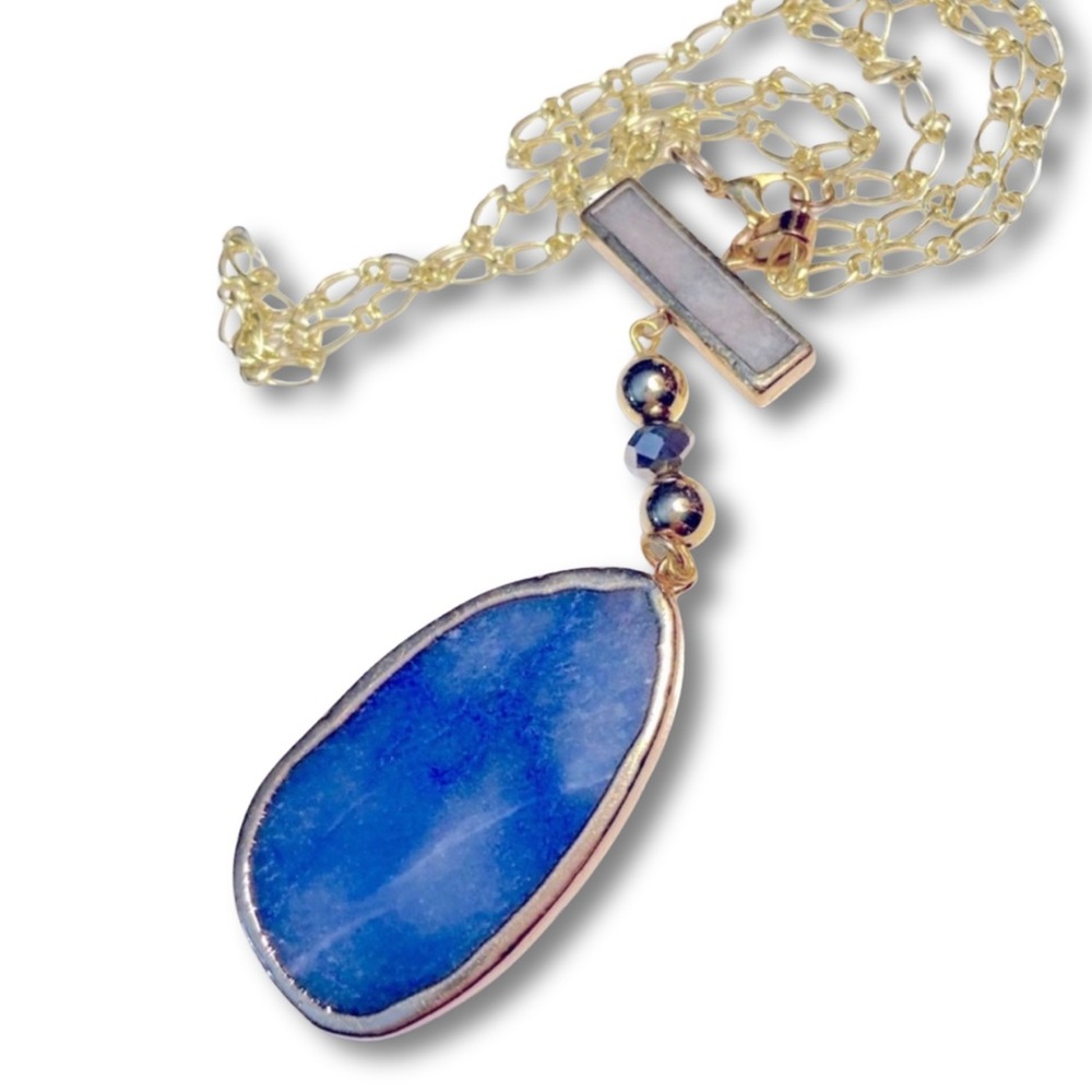 HANDCRAFTED Pendant Necklace Large Blue Agate Stone 21” Gold Tone Chain
